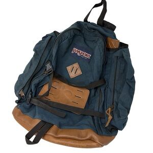 Vintage JanSport Leather Bottom Backpack Blue Made in USA Daypack Hiking Canvas